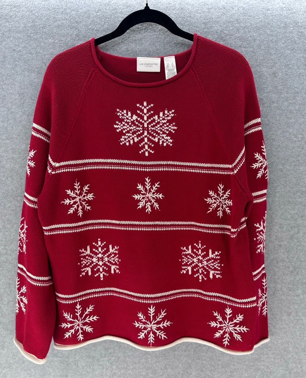Liz Claiborne Liz Sport Womens XL Red & White Knit Beaded Snow Flake Sweater 90s